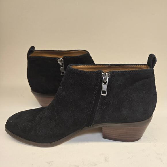 J. Crew Sawyer Minimalist Black Suede Leather Wood Stacked Heel Ankle Boot, Sz 7 - Picture 1 of 11